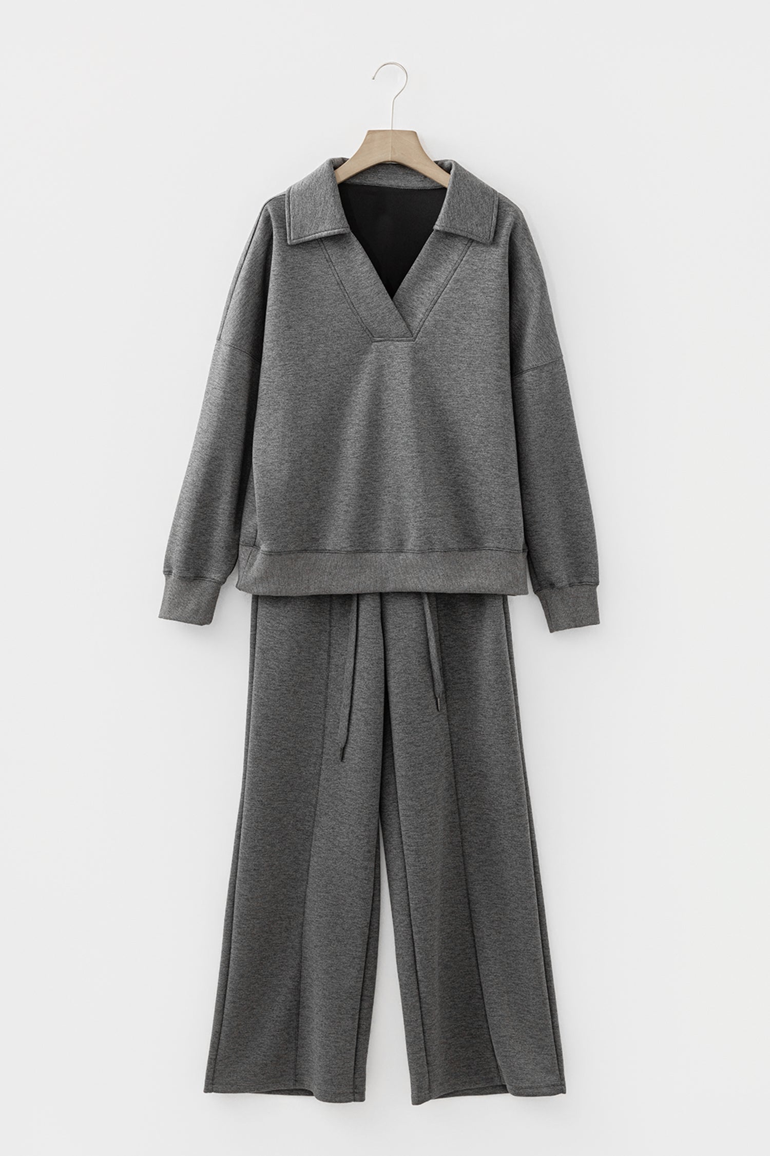 Bristol Black Collared V Neck Pullover Sweatshirt Sweatpants Set